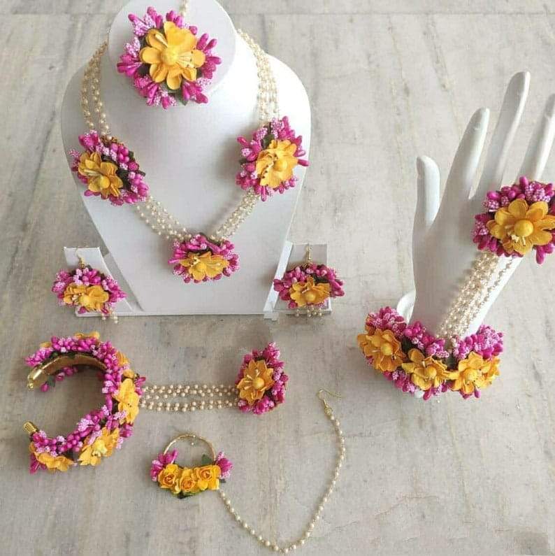 Lamansh Flower 🌺 Jewellery 1 Necklace,1 Nath, 2 Earrings, 1 Maangtika & 2 Bracelets Attached with Ring set / Yellow-Pink LAMANSH® Handmade Flower Jewellery Set For Women & Girls / Haldi Set
