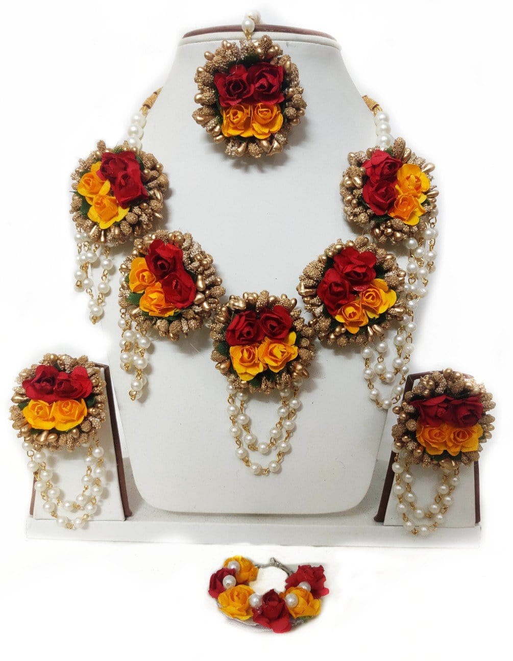 Lamansh Flower 🌺 Jewellery 1 Necklace,1 Nath, 2 Earrings & 1 Maangtika set / Red-Yellow LAMANSH® Handmade Flower Jewellery Set For Women & Girls / Haldi Set