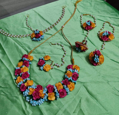 Lamansh Flower 🌺 Jewellery 1 Necklace, , 1 Nath Nosering, 2 Earrings, 1 Maangtika with side chain & 2 Bracelets Attached with ring / Multicolor LAMANSH® Flower 🌺 Jewellery Set