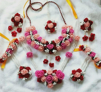 Lamansh Flower Jewellery 1 Necklace, 1choker,  2 Earrings, 1 Maangtika & 2 Hathful / Multicolor LAMANSH® Floral 🌺 Jewellery Set for Haldi Rasam / Mehendi Flower Jewelry set