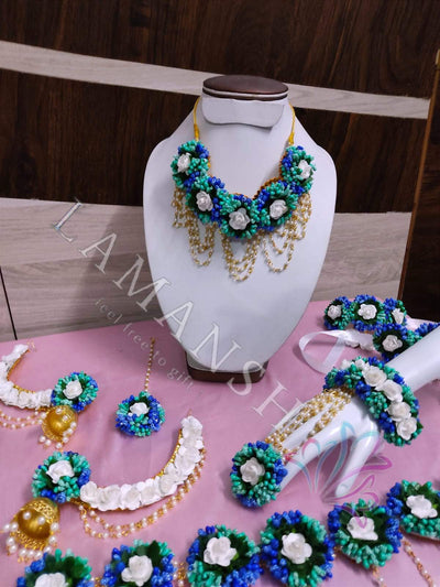Lamansh Flower Jewellery 1 Necklace, 2 Armlets Bajuband , 2 Earrings with side accessory to hair , 1 Maangtika, 1 Kamarband & 2 Bracelets attached to Ring / Sea Green Blue LAMANSH® Gorgeous Floral 🌺 Jewellery Set for Haldi / Best for Baby Shower / Artificial Flower Jewellery Set
