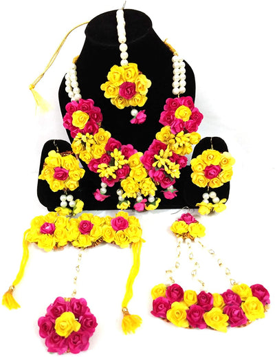 Lamansh Flower Jewellery 1 Necklace, 2 Earrings,1 Hair Accessory, 1 Bracelet Attached With ring & 1 Maangtika Set / Yellow-Pink LAMANSH® Special Haldi Mehendi 🌺 Jewellery Set / Floral Jewellery set