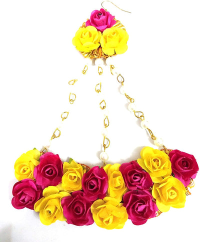 Lamansh Flower Jewellery 1 Necklace, 2 Earrings,1 Hair Accessory, 1 Bracelet Attached With ring & 1 Maangtika Set / Yellow-Pink LAMANSH® Special Haldi Mehendi 🌺 Jewellery Set / Floral Jewellery set