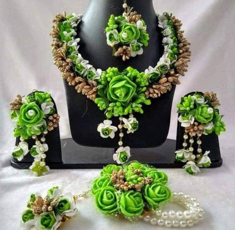 Lamansh Flower 🌺 Jewellery 1 Necklace, 2 Earrings ,1 Maangtika & 1 Bracelet Attached with Ring set / Green-Gold LAMANSH® Handmade Flower Jewellery Set For Women & Girls / Haldi Set
