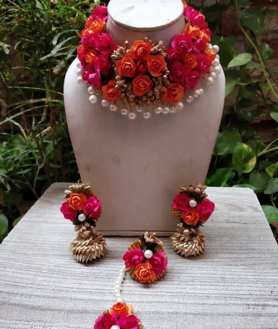 Lamansh Flower Jewellery 1 Necklace, 2 Earrings, 1 Maangtika & 1 Ring Set / Orange-Pink LAMANSH® Bridal Floral 🌺 Jewellery Set for Haldi Ceremony / Special Mehendi set