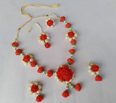 Lamansh Flower 🌺 Jewellery 1 Necklace, 2 Earrings ,1 Maangtika & 1 Ring set / Red- White LAMANSH® Handmade Flower Jewellery Set For Women & Girls / Ring Haldi Set