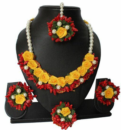 Lamansh Flower 🌺 Jewellery 1 Necklace, 2  Earrings ,1 Maangtika & 1 Ring set / Yellow - Red LAMANSH® Handmade Flower Jewellery Set For Women & Girls / Haldi Set