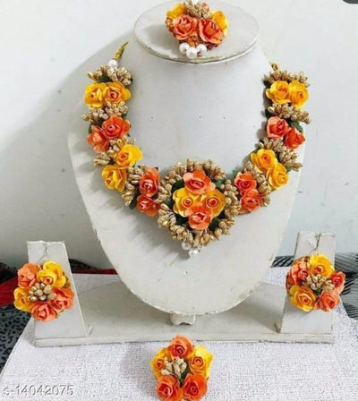 Lamansh Flower Jewellery 1 Necklace, 2 Earrings, 1 Maangtika & 1 Ring. / Yellow-orange LAMANSH® Special Floral 🌺 Jewellery Set