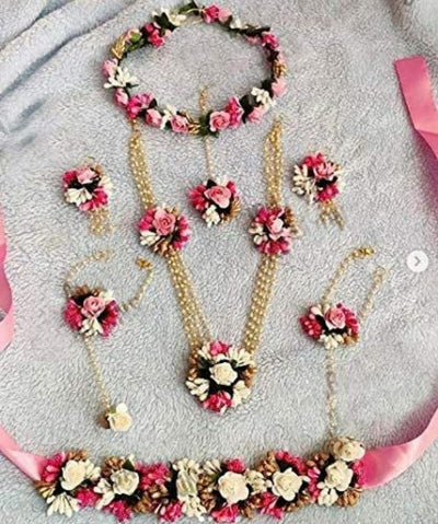 Lamansh Flower Jewellery 1 Necklace, 2 Earrings, 1 Maangtika, 1 Tiara,1 Kamarbandh & 2 Bracelets Attached With ring / Pink-White LAMANSH® Special Haldi Mehendi 🌺 Jewellery Set