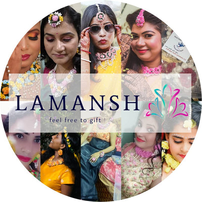 Lamansh Flower 🌺 Jewellery 1 Necklace, 2 Earrings ,1 Maangtika , 2 Bajuband & 2 Bracelet set / Pink-Yellow-Green LAMANSH® Handmade Flower Jewellery Set For Women & Girls / Haldi Set