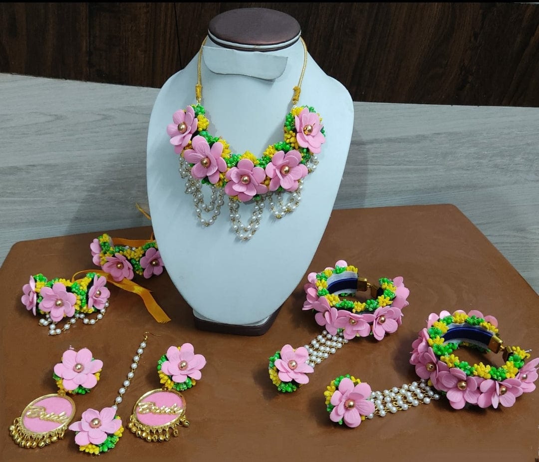 Lamansh Flower Jewellery 1 Necklace, 2 Earrings, 1 Maangtika , 2 Bajuband & 2 Bracelets attached to ring.  / Pink Green Yellow LAMANSH® Special Floral🌺 Jewellery Set with Armlets Bajuband