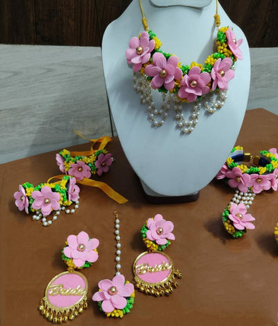 Lamansh Flower Jewellery 1 Necklace, 2 Earrings, 1 Maangtika , 2 Bajuband & 2 Bracelets attached to ring.  / Pink Green Yellow LAMANSH® Special Floral🌺 Jewellery Set with Armlets Bajuband