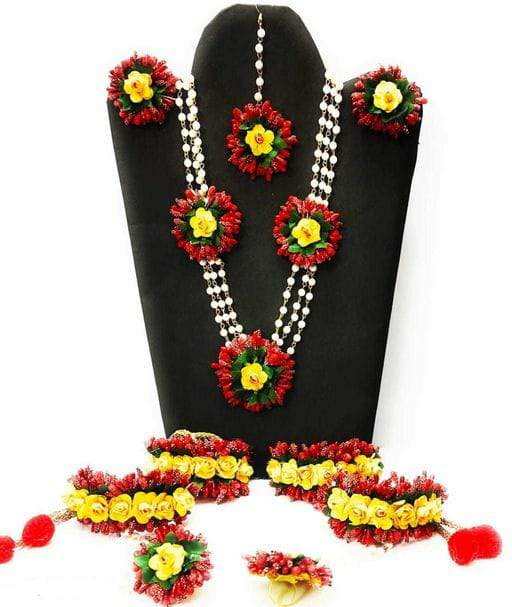 Lamansh Flower 🌺 Jewellery 1 Necklace, 2 Earrings ,1 Maangtika, 2 Bajubandh, 2 Bracelets attached to Ring set / Red-Yellow LAMANSH® Handmade Flower Jewellery Set For Women & Girls / Haldi Set