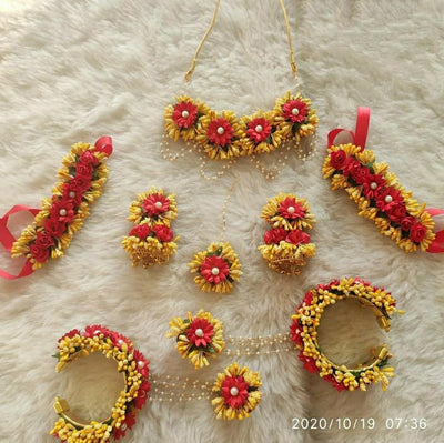 Flower Jewellery set with Jhumki earrings / Bracelet attached with Ring set 