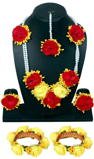 Lamansh Flower Jewellery 1 Necklace, 2 Earrings, 1 Maangtika & 2 Bangles Set / Red-Yellow LAMANSH® Bridal Floral 🌺 Jewellery Set for Haldi Ceremony / Special Mehendi set