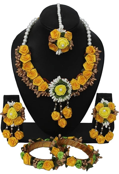Lamansh Flower 🌺 Jewellery 1 Necklace, 2 Earrings ,1 Maangtika & 2 Bangles set / Yellow LAMANSH® Handmade Flower Jewellery Set For Women & Girls / Haldi Set
