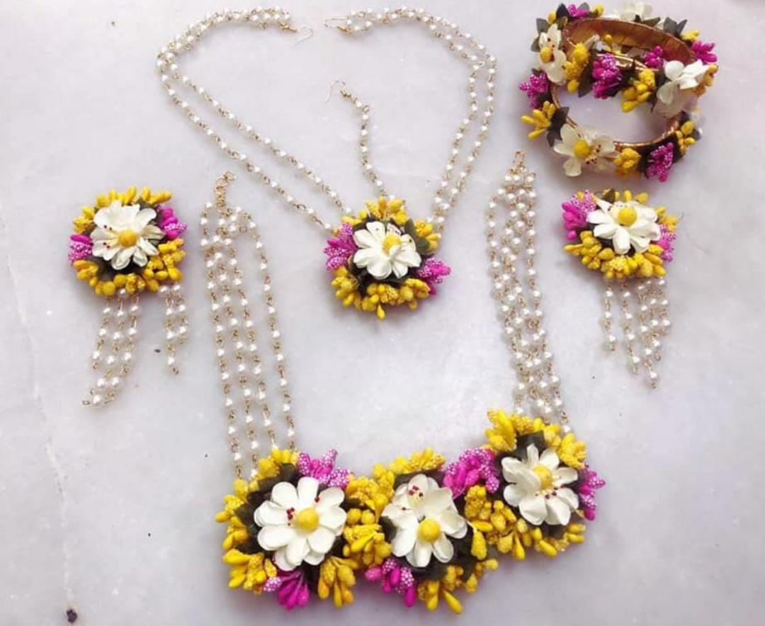 Lamansh Flower 🌺 Jewellery 1 Necklace, 2  Earrings ,1 Maangtika & 2 Bangles set / Yellow-pink-white LAMANSH® Handmade Flower Jewellery Set For Women & Girls / Bangles Set