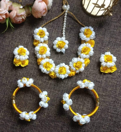 Lamansh Flower 🌺 Jewellery 1 Necklace, 2 Earrings ,1 Maangtika & 2 Bangles set / Yellow-White LAMANSH® Handmade Flower Jewellery Set For Women & Girls / Haldi Set