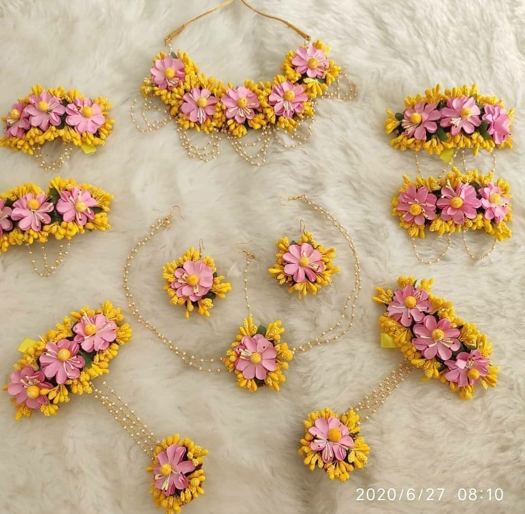 Yellow Baby shower haldi Flower jewellery 