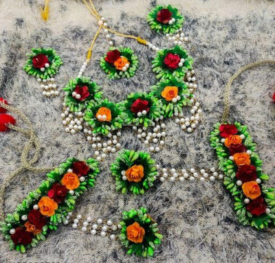 Lamansh Flower🌺🌻🌹🌷 jewellery 1 Necklace, 2 Earrings ,1 Maangtika & 2 Bracelet attached to Ring set / Green - Red - Orange LAMANSH® Handmade Wedding Flower Jewellery Set For Women & Girls / Haldi Set