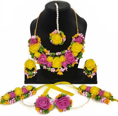 Lamansh Flower🌺🌻🌹🌷 jewellery 1 Necklace,2 Earrings, 1 Maangtika,2 bracelet attached with ring / Pink - yellow LAMANSH® Handmade Flower Jewellery Set For Women & Girls / Multi Layered Necklace Haldi Set