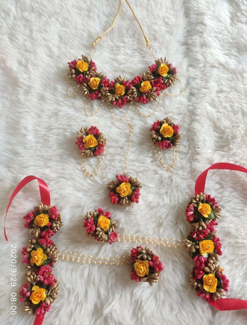Lamansh Flower 🌺 Jewellery 1 Necklace, 2 Earrings & 1 Maangtika, 2 Bracelet attached with ring set / Pink-Golden LAMANSH® Handmade Flower Jewellery Set For Women & Girls / Haldi Set