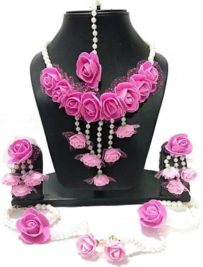 Lamansh Flower 🌺 Jewellery 1 Necklace, 2 Earrings & 1 Maangtika, 2 Bracelet attached with ring set / Pink LAMANSH® Handmade Flower Jewellery Set For Women & Girls / Haldi Set