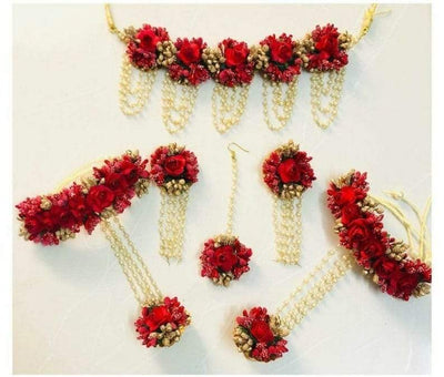 Lamansh Flower jewellery 1 Necklace, 2 Earrings,1 Maangtika & 2 Bracelet attached with Ring set / Red Gold LAMANSH® Special Haldi 🌺 Jewellery Set