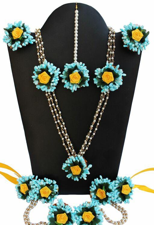 Lamansh Flower 🌺 Jewellery 1 Necklace, 2 Earrings ,1 Maangtika , 2 Bracelet Attached with ring  set / SkyBlue LAMANSH® Handmade Flower Jewellery Set For Women & Girls / Haldi Set