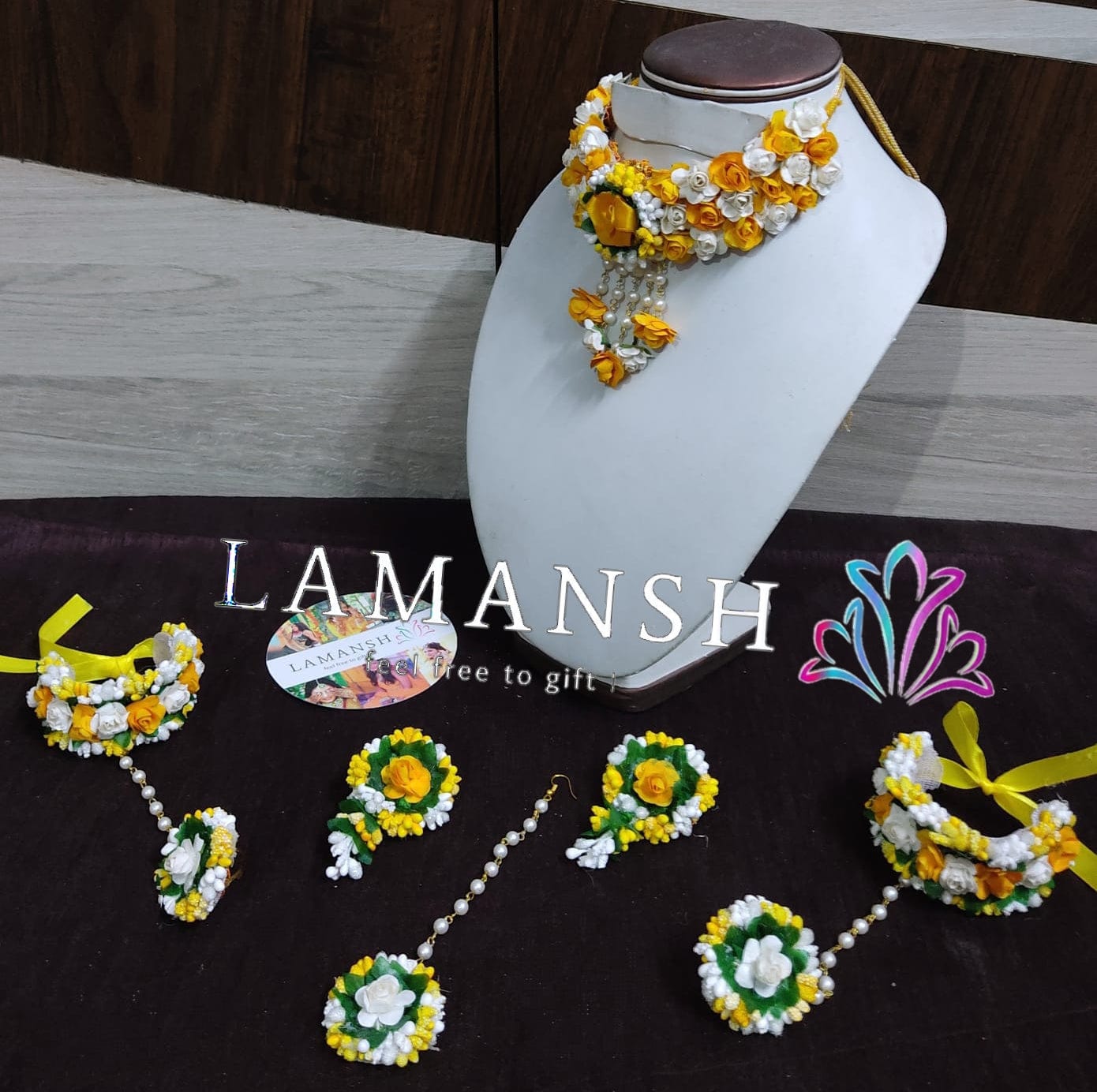 Lamansh Flower 🌺 Jewellery 1 Necklace, 2 Earrings ,1 Maangtika , 2 Bracelet Attached with ring  set / Yellow-Green- white LAMANSH® Handmade Flower Jewellery Set For Women & Girls / Haldi Set