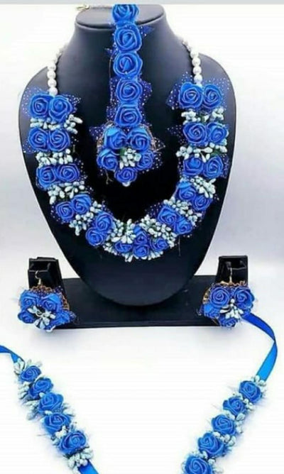 Lamansh Flower Jewellery 1 Necklace, 2 Earrings, 1 Maangtika & 2 Bracelet set / Blue LAMANSH® Special Floral 🌺 Jewellery Set