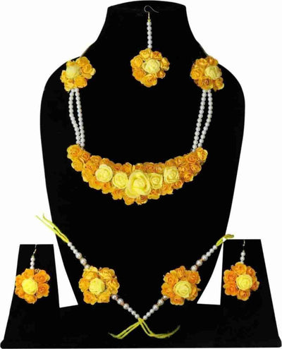 Lamansh Flower 🌺 Jewellery 1 Necklace, 2 Earrings ,1 Maangtika & 2 Bracelet set / Yellow LAMANSH® Handmade Flower Jewellery Set For Women & Girls / Haldi Set
