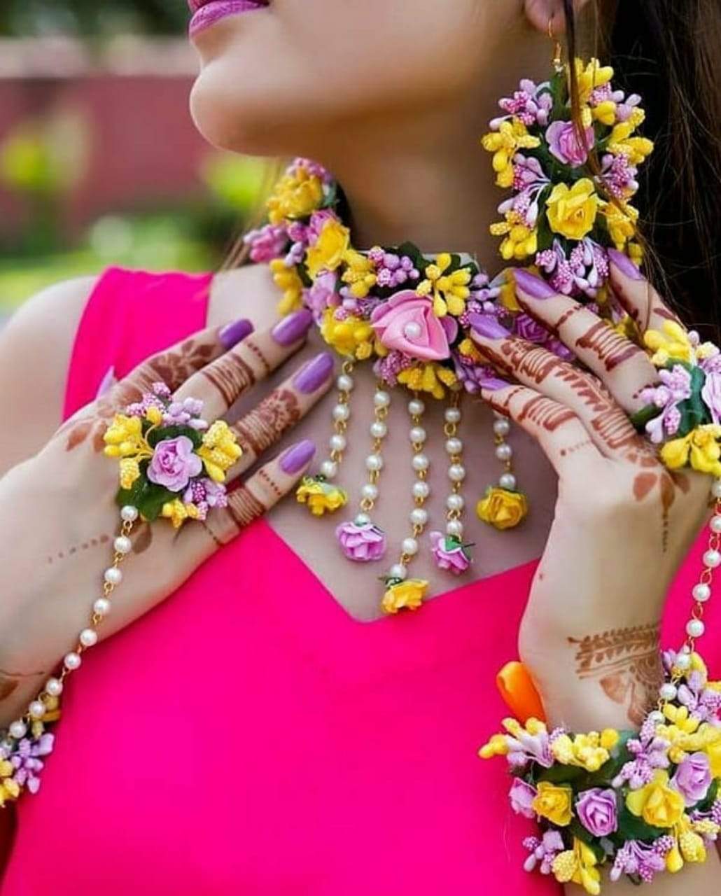Lamansh Flower 🌺 Jewellery 1 Necklace,2 Earrings ,1 Maangtika & 2 Bracelet set / Yellow-Pink LAMANSH® Handmade Flower Jewellery Set For Women & Girls / Haldi Set