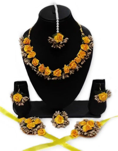 Lamansh Flower 🌺 Jewellery 1 Necklace, 2 Earrings ,1 Maangtika & 2 Bracelets & 1 Ring set / Yellow-Gold LAMANSH® Handmade Flower Jewellery Set For Women & Girls / Haldi Set