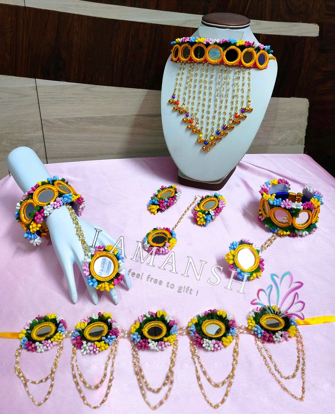 Lamansh Flower 🌺 Jewellery 1 Necklace , 2 Earrings , 1 Maangtika , 2 Bracelets attached to ring & 1 Kamarband / Rainbow🌈 LAMANSH® Mirror Collection Floral 🌺 Jewellery Set with Kamarband Hipchain set