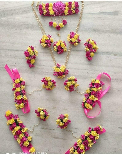 Lamansh Flower Jewellery 1 Necklace, 2 Earrings , 1 Maangtika , 2 Bracelets attached to ring & 2 Anklets Attached with to toe Set / Yellow-Pink LAMANSH® Special Floral 🌺 Jewellery Set For Haldi / Mehndi / Artificial Flower jewellery set