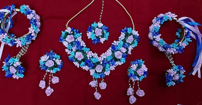 Lamansh Flower Jewellery 1 Necklace, 2 Earrings, 1 Maangtika & 2 Bracelets attached to ring. / Blue-SkyBlue-Pink LAMANSH® Special Floral 🌺 Jewellery Set