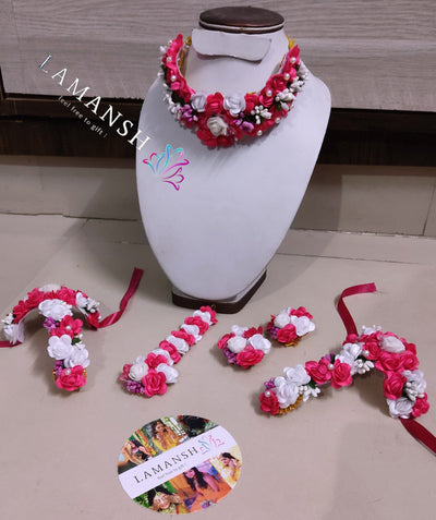 Lamansh Flower Jewellery 1 Necklace, 2 Earrings , 1 Maangtika, 2 Bracelets attached to ring / Pink-White LAMANSH® Bridal Floral 💗 Jewellery Set in | Fabric Flower Jewelry set