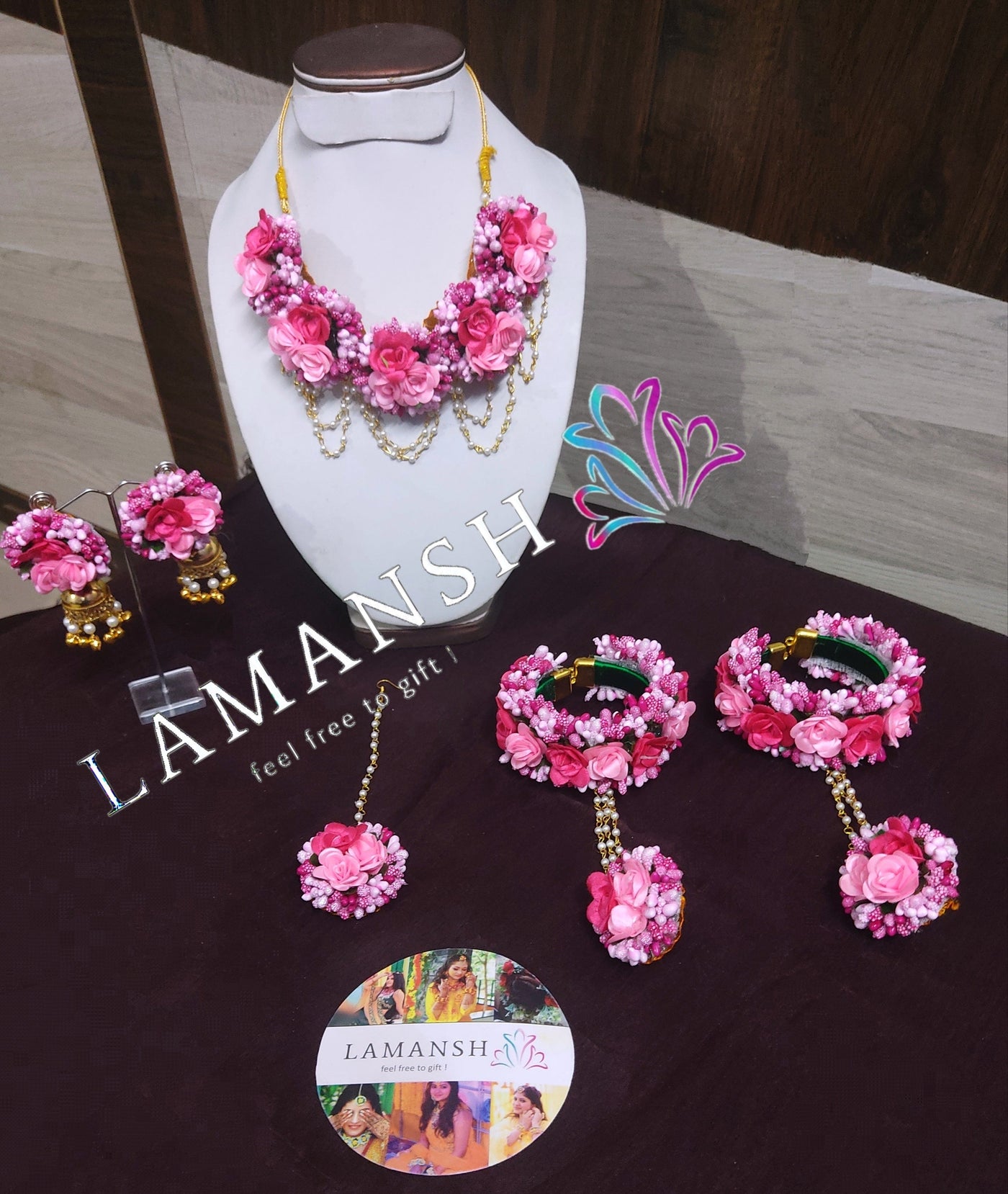 Lamansh Flower 🌺 Jewellery 1 Necklace , 2 Earrings , 1 Maangtika & 2 Bracelets attached to ring set / Pink LAMANSH® Fabric 🌺 Flowers Jewellery Set For Women & Girls / Haldi Ceremony Set