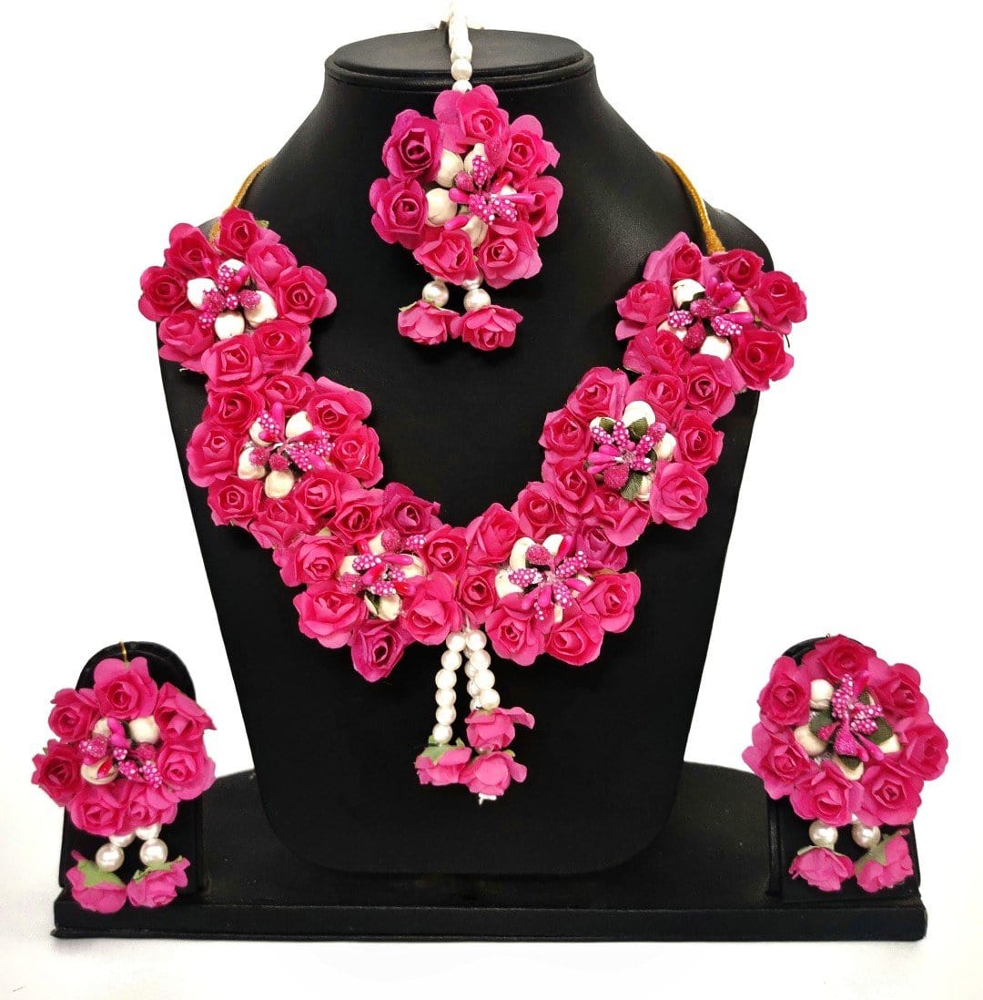 Lamansh Flower Jewellery 1 Necklace, 2 Earrings , 1 Maangtika & 2 Bracelets attached to ring set / Pink LAMANSH® Special Floral 🌺 Jewellery Set / Floral 🌺 set