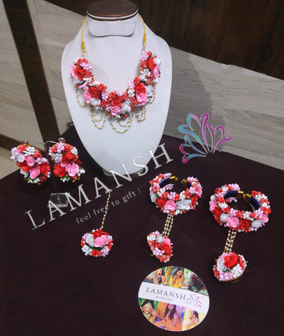 Lamansh Flower 🌺 Jewellery 1 Necklace , 2 Earrings , 1 Maangtika & 2 Bracelets attached to ring set / Pink Red White LAMANSH® Fabric 🌺 Flowers Jewellery Set For Women & Girls / Haldi Ceremony Set