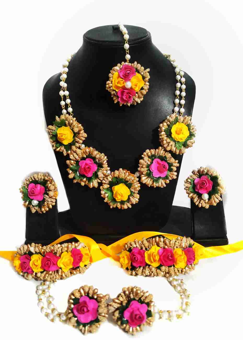 Lamansh Flower Jewellery 1 Necklace, 2 Earrings , 1 Maangtika & 2 Bracelets attached to ring set / Yellow-Pink-Golden LAMANSH® Special Floral 🌺 Jewellery Set / Floral 🌺 set