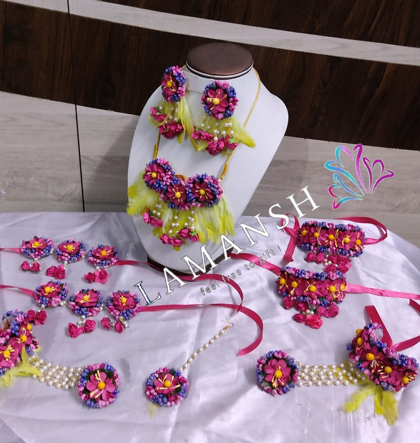 Lamansh Flower 🌺 Jewellery 1 Necklace, 2 Earrings ,1 Maangtika, 2 Bracelets Attached with Ring set, 2 Bajuband & 2 Payal / Pink-Purple LAMANSH® Bridal Floral 🌺 Jewellery Set for Baby Shower / Godbharai / Dohale Jevan Function