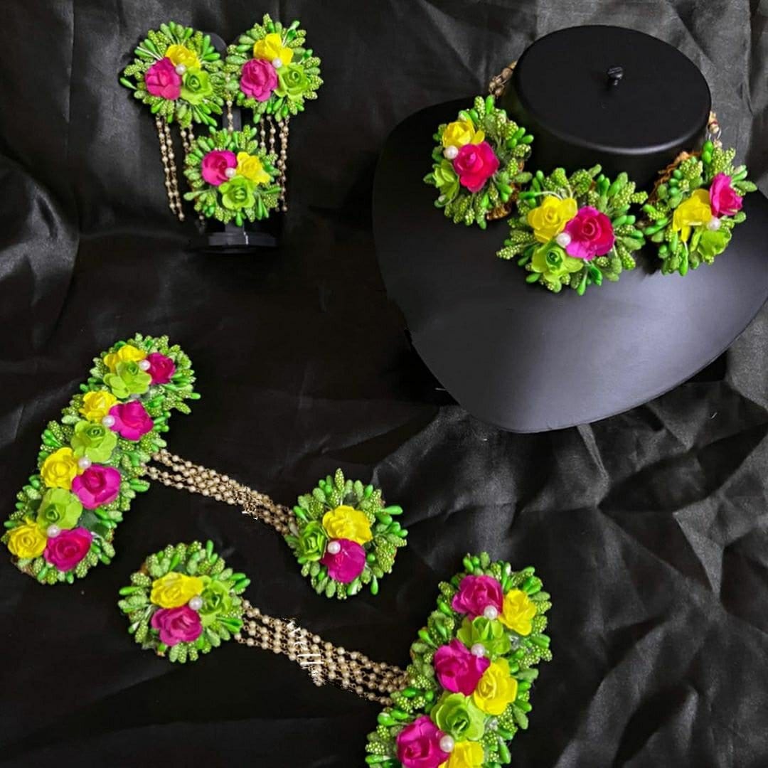 Lamansh Flower 🌺 Jewellery 1 Necklace, 2 Earrings ,1 Maangtika & 2 Bracelets Attached with Ring set / Green-Yellow-Pink LAMANSH® Handmade Flower Jewellery Set For Women & Girls / Haldi Set