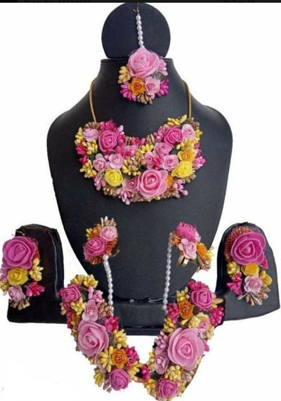 Lamansh Flower 🌺 Jewellery 1 Necklace, 2 Earrings ,1 Maangtika & 2 Bracelets Attached with Ring set / Multicolor LAMANSH® Handmade Flower Jewellery Set For Women & Girls / Haldi Set