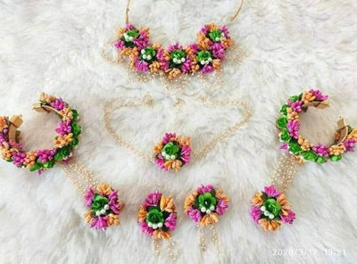 Lamansh Flower 🌺 Jewellery 1 Necklace, 2 Earrings ,1 Maangtika & 2 Bracelets Attached with Ring set / Orange-Pink-Green LAMANSH® Handmade Flower Jewellery Set For Women & Girls / Haldi Set