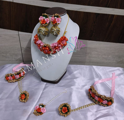 Lamansh Flower 🌺 Jewellery 1 Necklace, 2 Earrings ,1 Maangtika & 2 Bracelets Attached with Ring set / Peach-Orange LAMANSH® Handmade Flower Jewellery Set For Women & Girls / Haldi Set