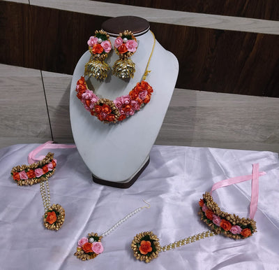 Lamansh Flower 🌺 Jewellery 1 Necklace, 2 Earrings ,1 Maangtika & 2 Bracelets Attached with Ring set / Peach-Orange LAMANSH® Handmade Flower Jewellery Set For Women & Girls / Haldi Set