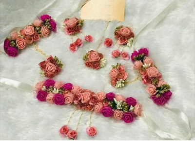 Lamansh Flower 🌺 Jewellery 1 Necklace, 2 Earrings ,1 Maangtika & 2 Bracelets Attached with Ring set / Peach-Pink LAMANSH® Handmade Flower Jewellery Set For Women & Girls / Haldi Set