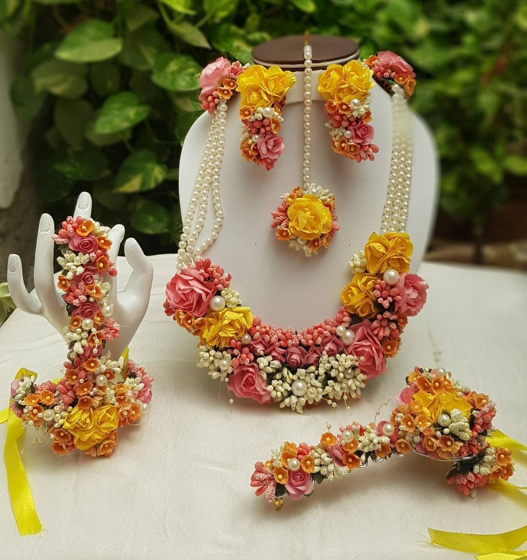 Lamansh Flower 🌺 Jewellery 1 Necklace, 2 Earrings ,1 Maangtika & 2 Bracelets attached with ring set / Peach-Yellow LAMANSH® Handmade Flower Jewellery Set For Women & Girls / Special Flower Haldi Set